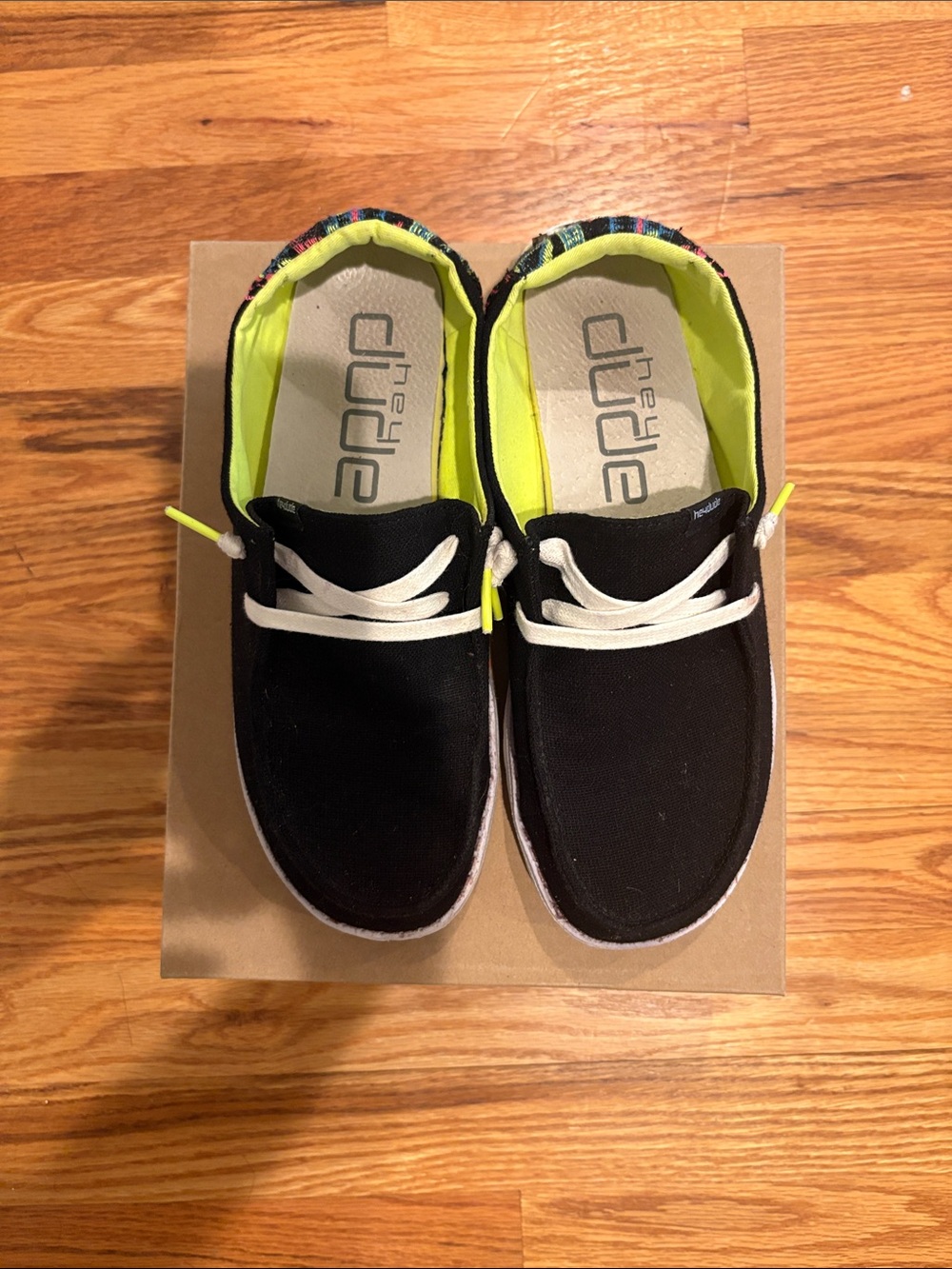 Hey Dude Kids Black Canvas Sneakers with Neon Yellow Interior